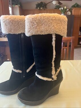 UGG Black Suede Wedge Boots with Cream Shearling Trim